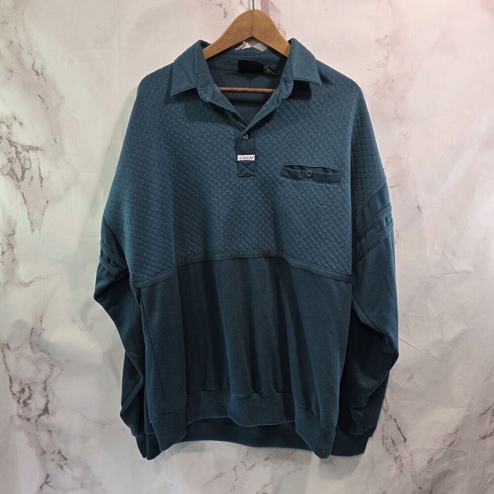Vintage Sasson Sweatshirt Mens XL 90s Green Rugby Polo Baggy Oversized Quilted